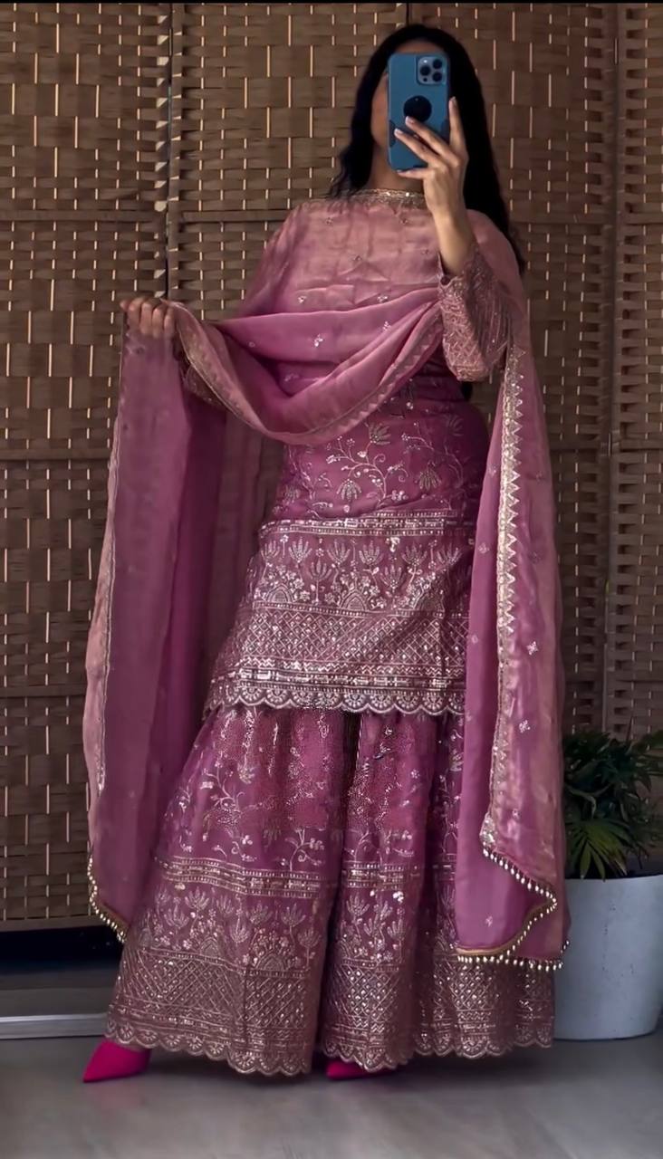 Designer Pink Crush Silk Sequence Work Sharara Suit
