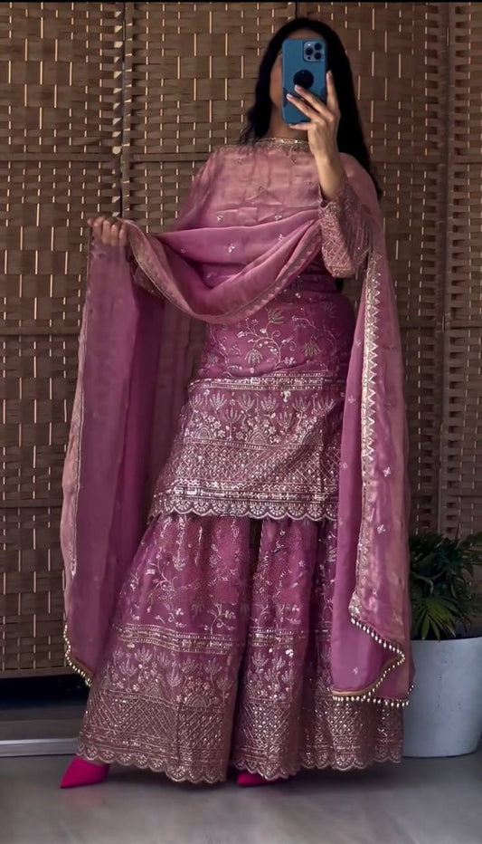Designer Pink Crush Silk Sequence Work Sharara Suit