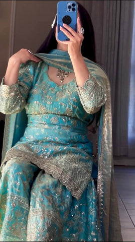 Designer Pink Crush Silk Sequence Work Sharara Suit