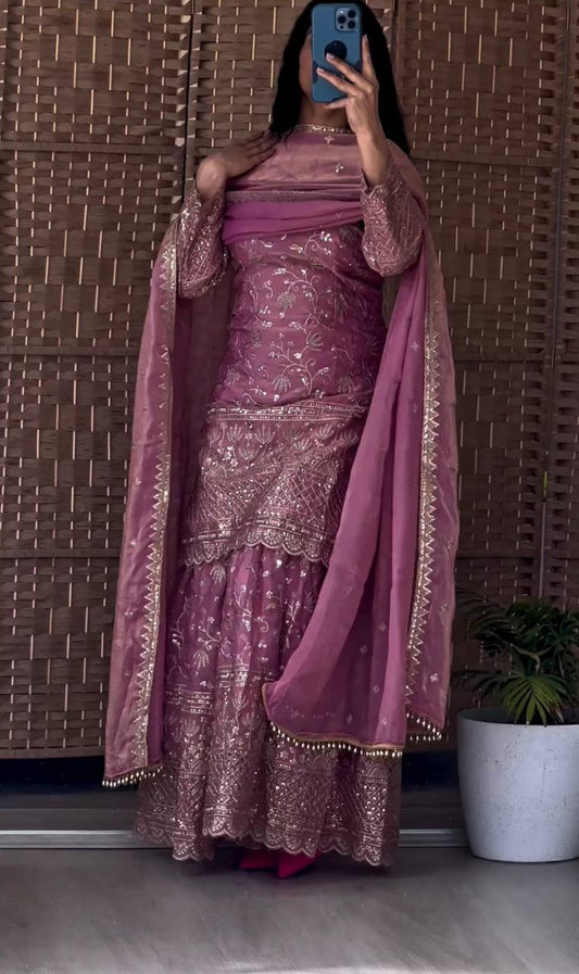 Designer Pink Crush Silk Sequence Work Sharara Suit