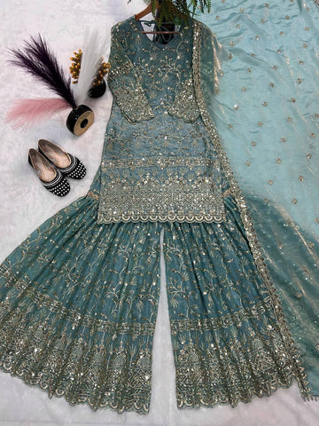 Designer Pink Crush Silk Sequence Work Sharara Suit