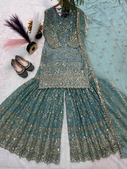 Designer Pink Crush Silk Sequence Work Sharara Suit