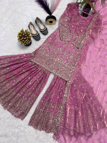Designer Pink Crush Silk Sequence Work Sharara Suit