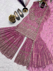Designer Pink Crush Silk Sequence Work Sharara Suit
