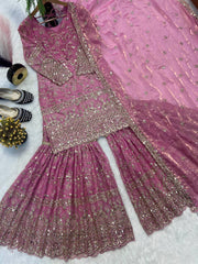 Designer Pink Crush Silk Sequence Work Sharara Suit