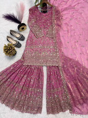 Designer Pink Crush Silk Sequence Work Sharara Suit