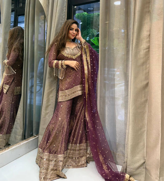 Stylish Maroon Chinon Silk Sequence Work Sharara Suit