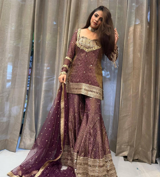 Stylish Maroon Chinon Silk Sequence Work Sharara Suit