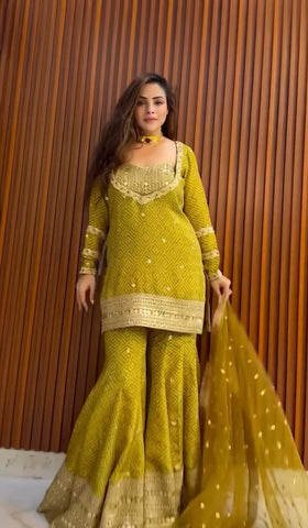 Stylish Maroon Chinon Silk Sequence Work Sharara Suit