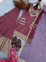 Stylish Maroon Chinon Silk Sequence Work Sharara Suit