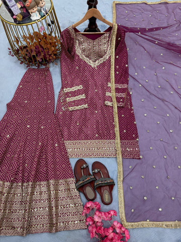 Stylish Maroon Chinon Silk Sequence Work Sharara Suit