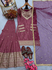 Stylish Maroon Chinon Silk Sequence Work Sharara Suit