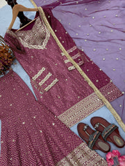 Stylish Maroon Chinon Silk Sequence Work Sharara Suit
