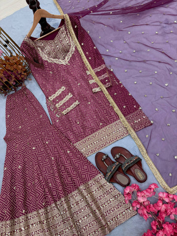Stylish Maroon Chinon Silk Sequence Work Sharara Suit