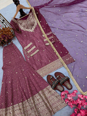 Stylish Maroon Chinon Silk Sequence Work Sharara Suit