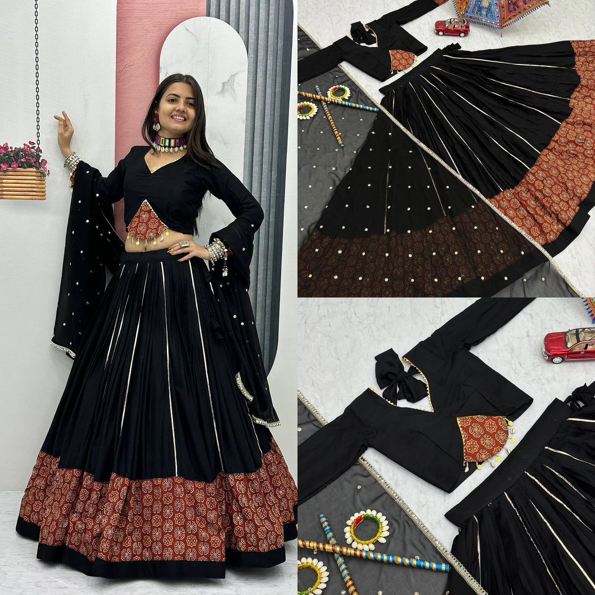 Black Cotton Ajrakh Print Navratri Lehenga Choli