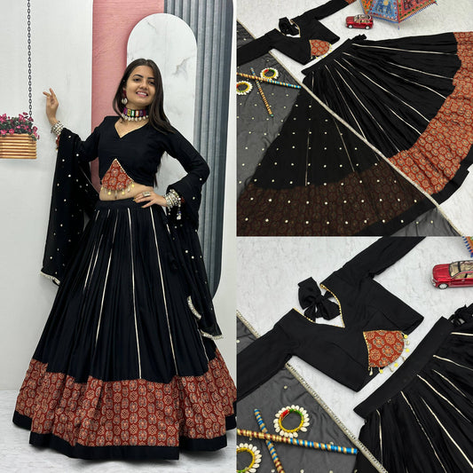 Black Cotton Ajrakh Print Navratri Lehenga Choli