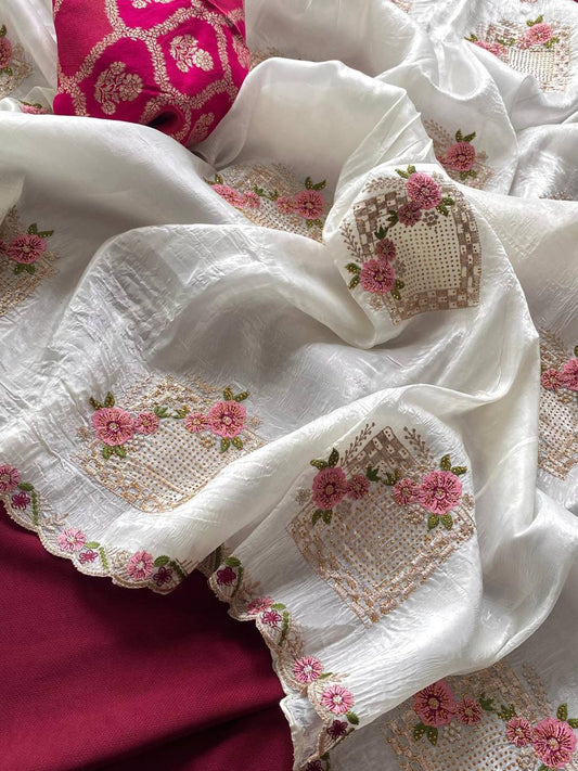 Alluring White Crush with Embroidery Work Saree