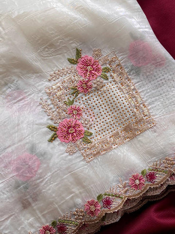 Alluring White Crush with Embroidery Work Saree