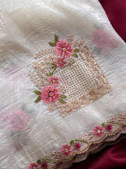 Alluring White Crush with Embroidery Work Saree