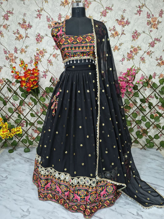 Navratri Black Georgette Mirror Work Lehenga Choli