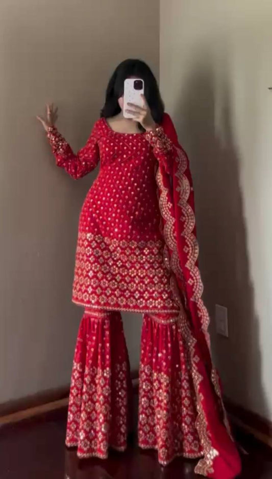 Exclusive Red Georgette Thread Work Sharara Suit