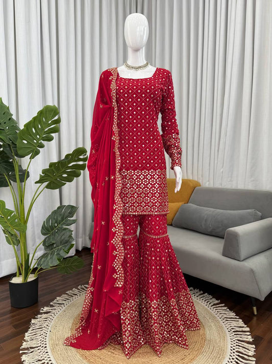 Exclusive Red Georgette Thread Work Sharara Suit