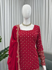 Exclusive Red Georgette Thread Work Sharara Suit