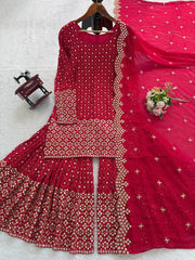 Exclusive Red Georgette Thread Work Sharara Suit