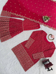 Exclusive Red Georgette Thread Work Sharara Suit