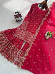 Exclusive Red Georgette Thread Work Sharara Suit