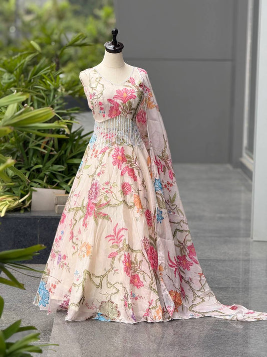 Attractive White Organza Digital Work Lehenga