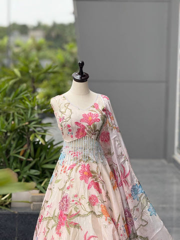 Attractive White Organza Digital Work Lehenga