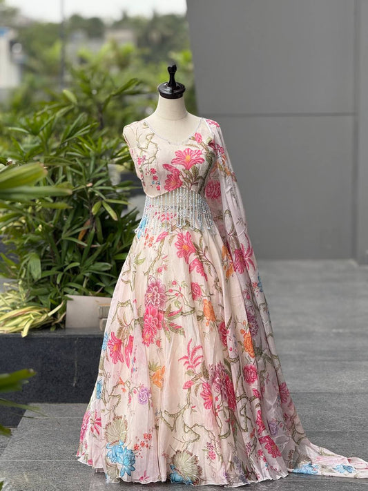 Attractive White Organza Digital Work Lehenga
