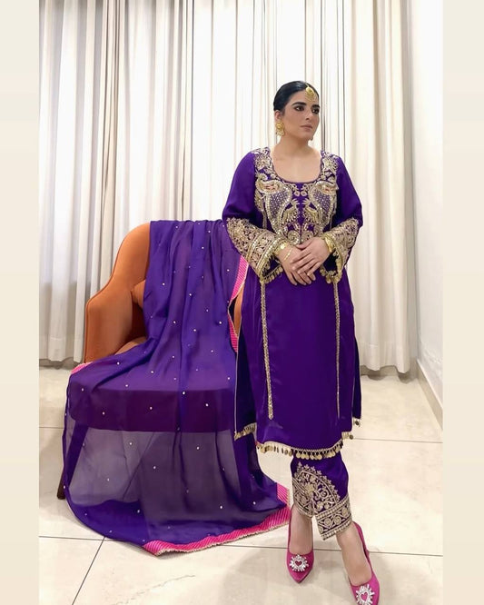 Stylish Purple Georgette with Embroidery Work Palazzo Suit