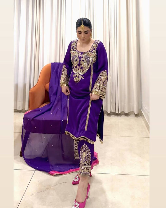 Stylish Purple Georgette with Embroidery Work Palazzo Suit