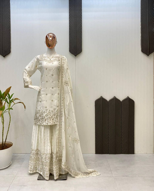 Gorgeous White Chinon Sequence Work Sharara Suit