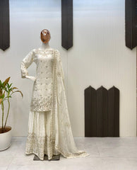 Gorgeous White Chinon Sequence Work Sharara Suit