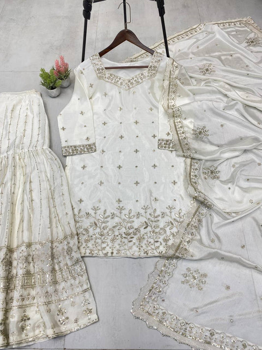 Gorgeous White Chinon Sequence Work Sharara Suit