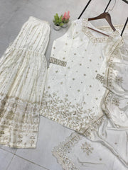 Gorgeous White Chinon Sequence Work Sharara Suit