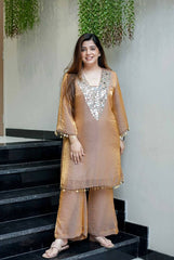 Stylish Brown Fendy Embroidery Work Palazzo Suit