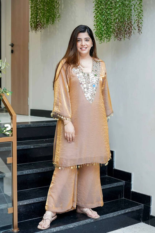 Stylish Brown Fendy Embroidery Work Palazzo Suit