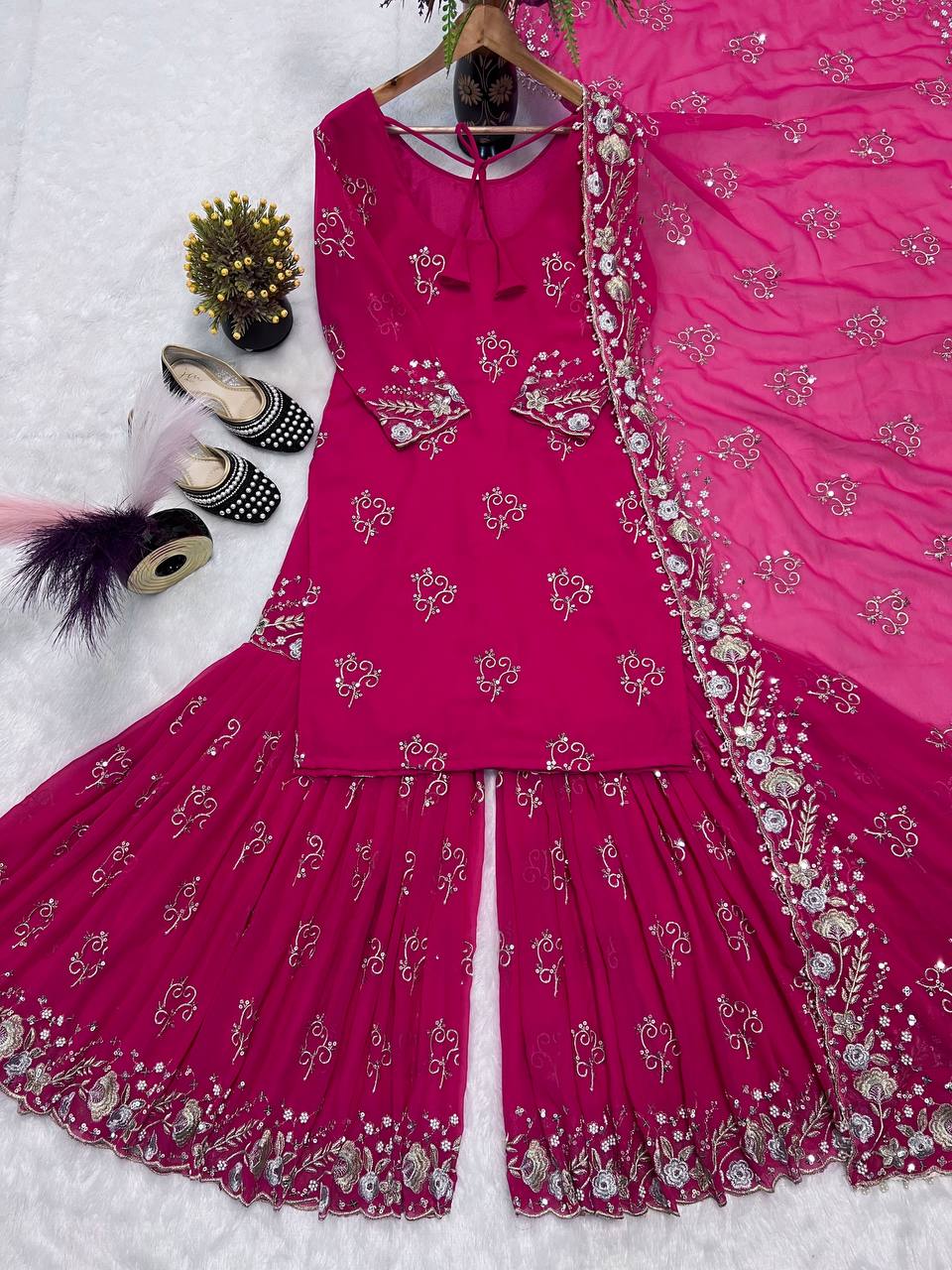 Exclusive Pink Color Sequence Work Georgette Sharara Suit