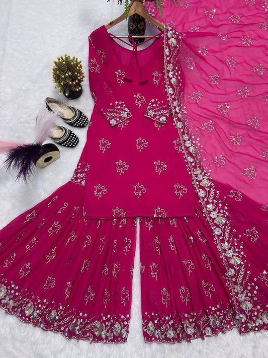 Exclusive Pink Color Sequence Work Georgette Sharara Suit