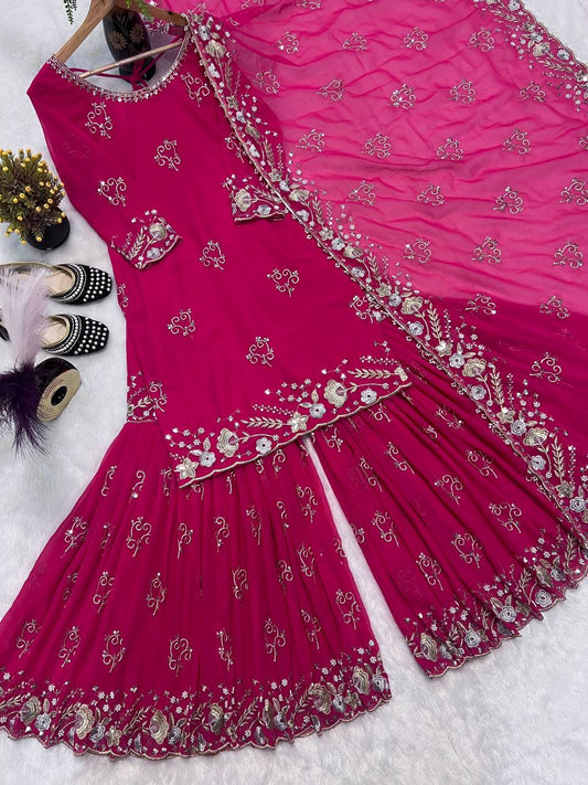 Exclusive Pink Color Sequence Work Georgette Sharara Suit