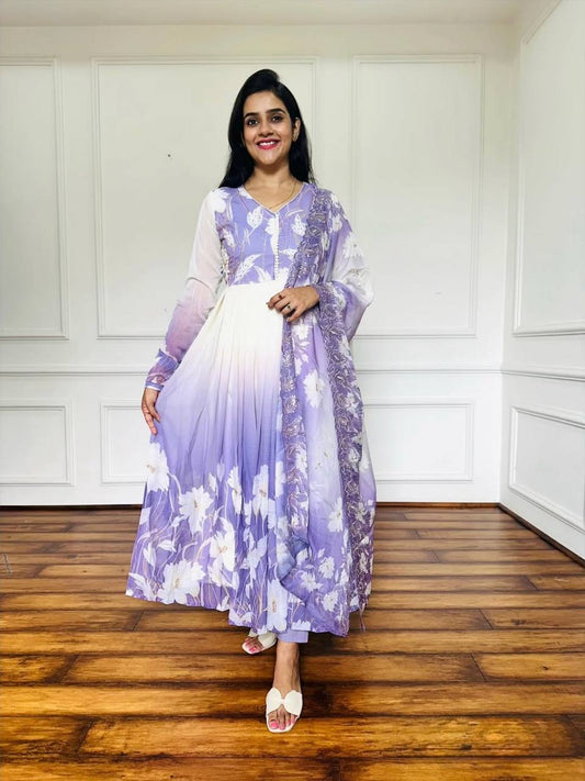 Trendy Purple Color Digital Print Georgette Gown