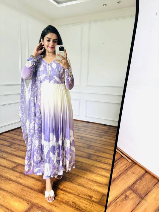 Trendy Purple Color Digital Print Georgette Gown
