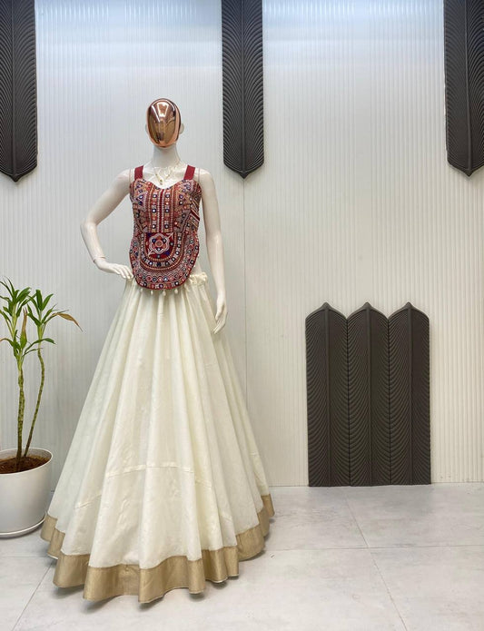 Navratri Season White Color Mirror Work Lehenga Choli
