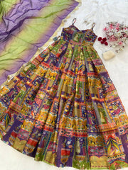 Multi Design With Maroon Color Digital Printed Organza Gown