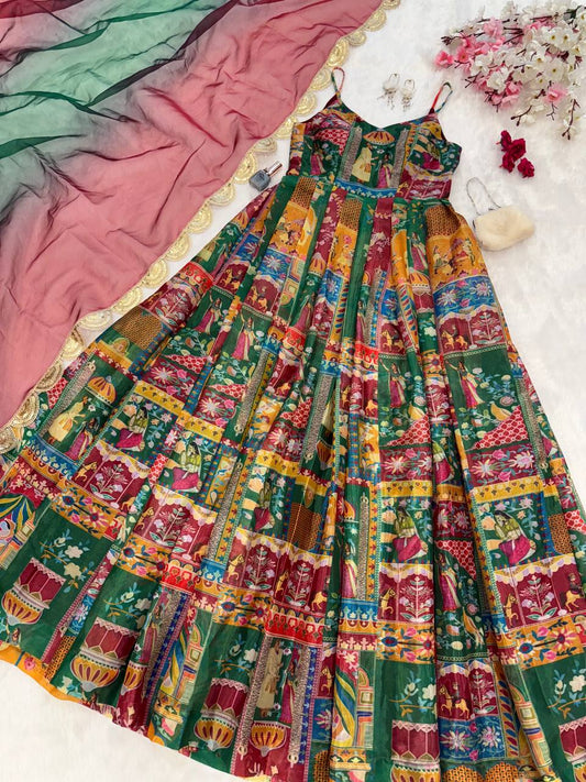 Multi Design With Maroon Color Digital Printed Organza Gown